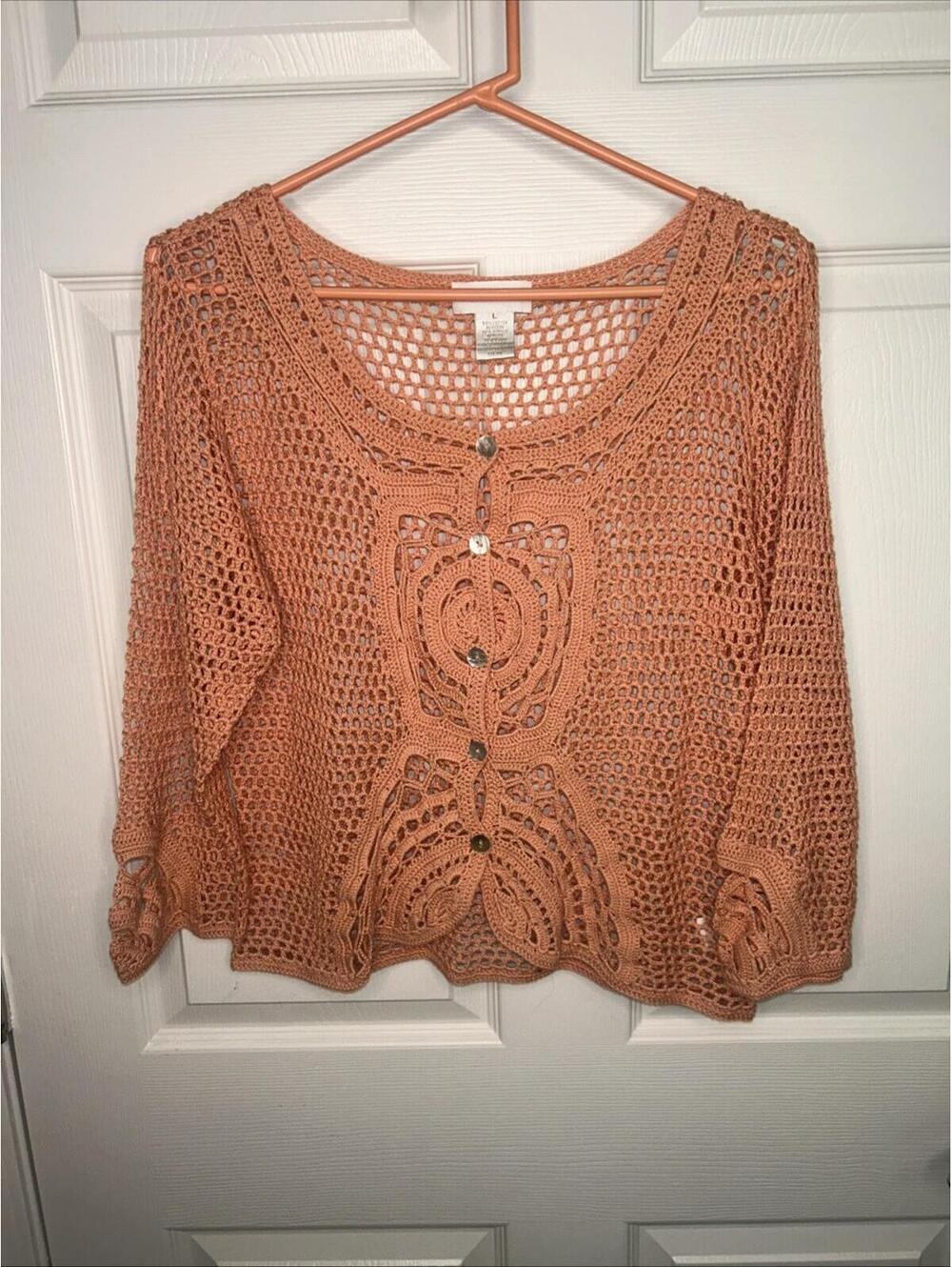 Norton & Company Women’s Orange Boho Mesh Button Up Top Size L Long Sleeve
